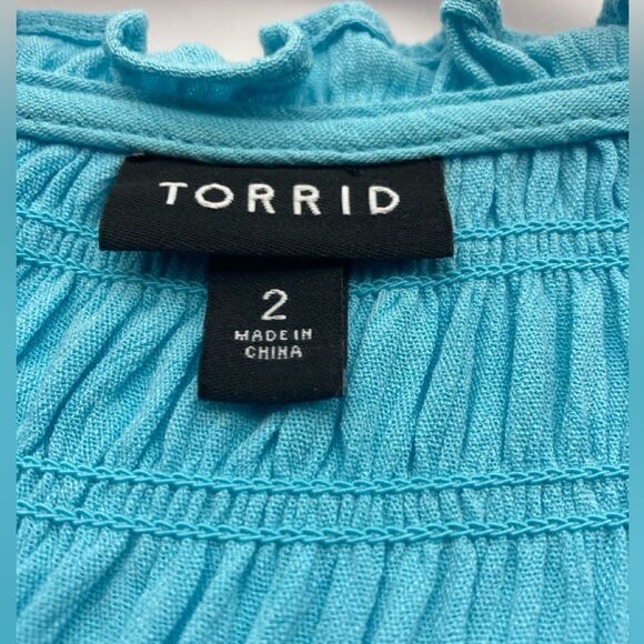 Torrid Smocked Yoke Ruffle Turquoise Top Size 2 - Picture 7 of 10